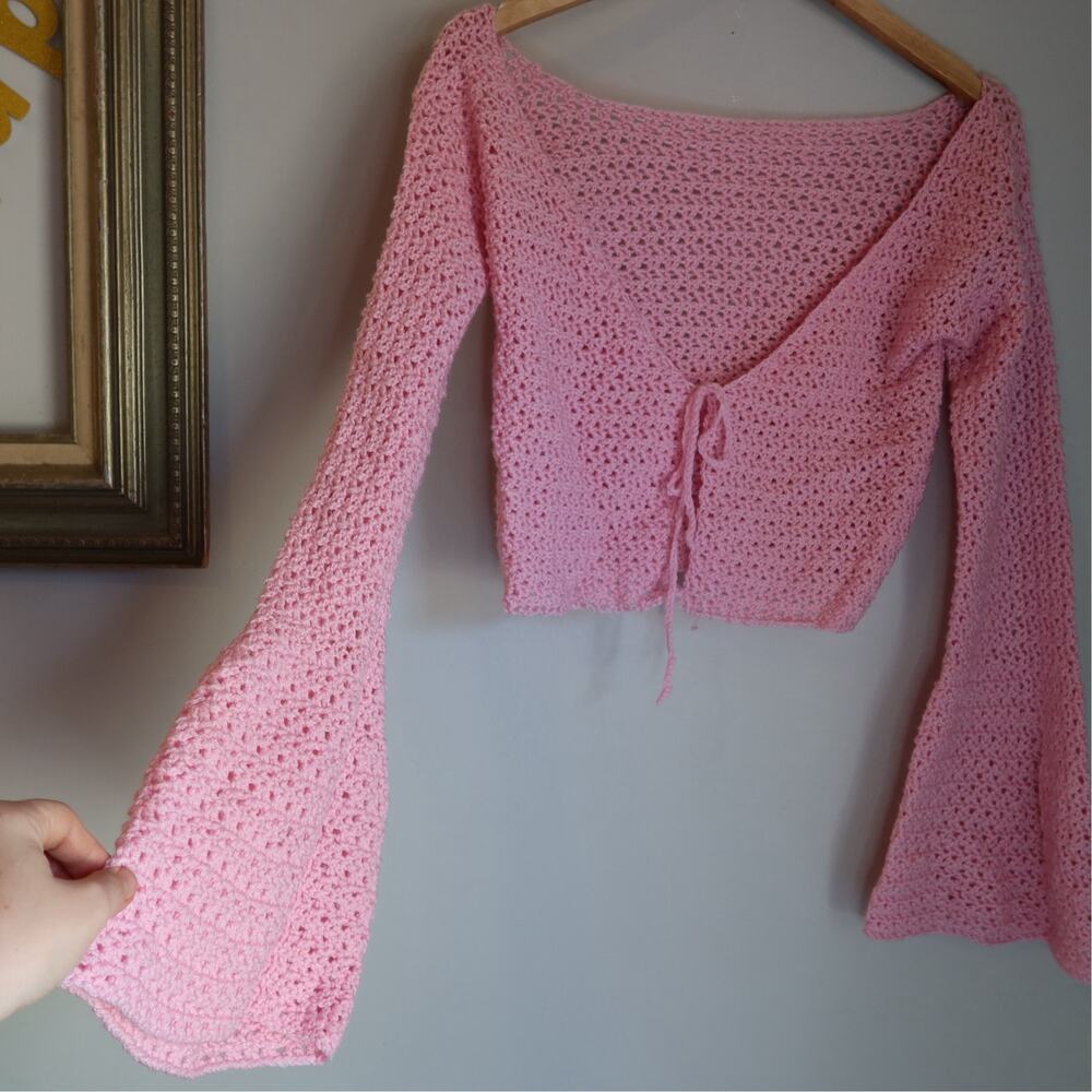 Pink Crochet Bell Sleeve Tie Front Crop Top Cardigan S